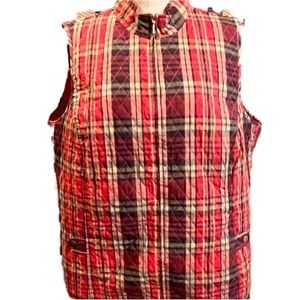 Vintage quilted vest red plaid button back zipper front equestrian lodge 80s 90s